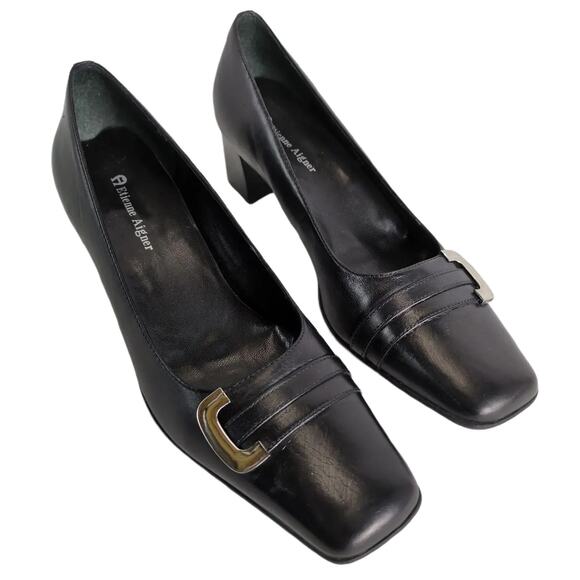 ETIENNE AIGNER Women's 8 E-Mozart Square Toe Black Leather Heels Pumps Preppy - Picture 1 of 10